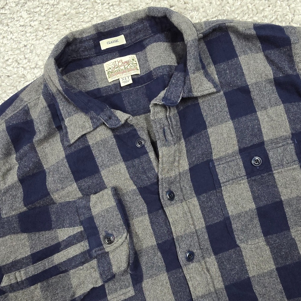 J.Crew‎ Mens Buffalo Check Flannel Shirt Grey Navy XLT Classic Fit Rugged Casual